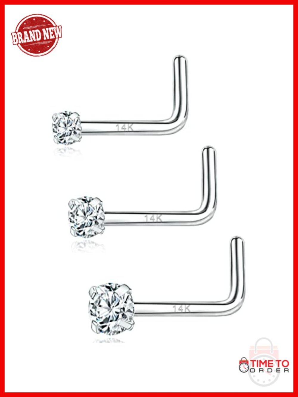 14K White Gold Nose Rings 20g CZ Simulated Diamond Studs L-Shape